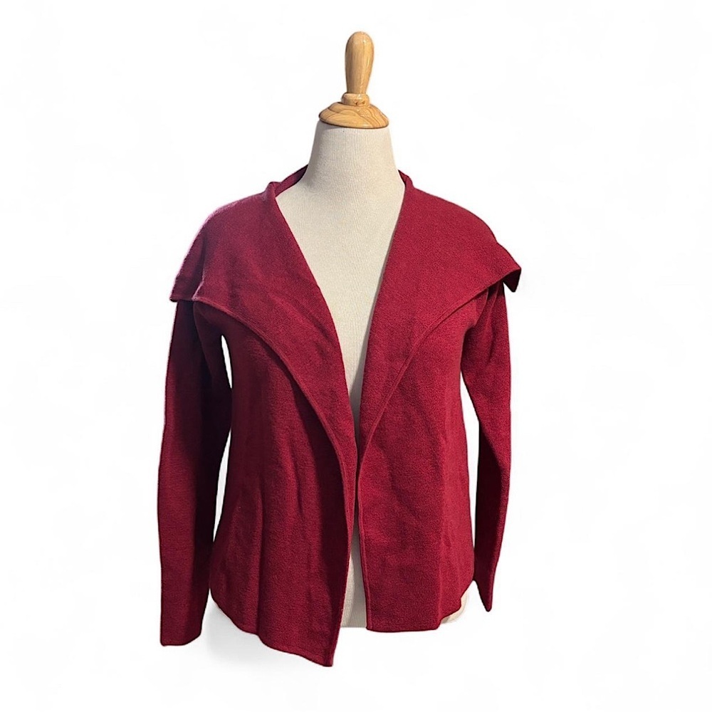 Eileen Fisher Women's Small Wool Drape Collar Knit Cardigan Berry READ